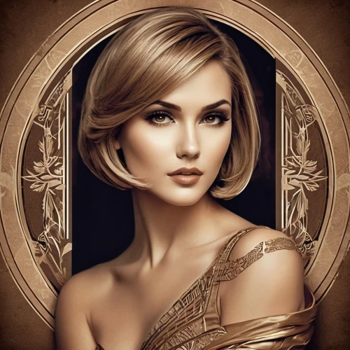 art deco woman,art deco frame,romantic portrait,fantasy portrait,portrait background,gold foil art deco frame,behenna,fashion vector,anastasiadis,clayderman,henna frame,blonde woman,ivanka,art nouveau frame,godward,vanderhorst,vintage makeup,custom portrait,fantasy art,short blond hair,Illustration,Vector,Vector 16