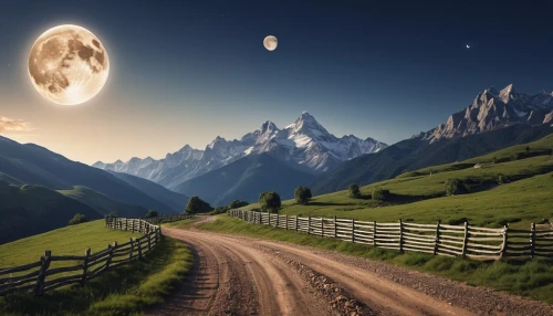 moon and star background,fantasy landscape,landscape background,valley of the moon,fantasy picture,lunar landscape,moonscape,hanging moon,beautiful landscape,landscape mountains alps,landscapes beautiful,mountainous landscape,moons,moonrise,big moon,phase of the moon,moonlit night,moon valley,mountain world,country road,Photography,General,Realistic