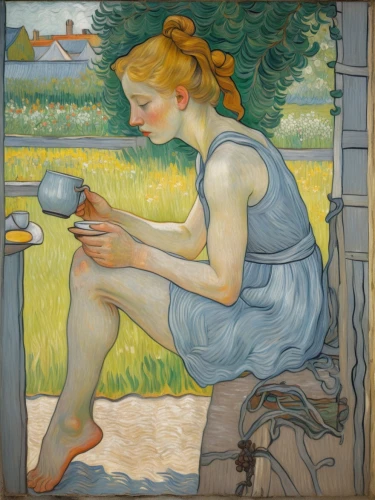 woman drinking coffee,girl in the garden,girl with bread-and-butter,girl at the computer,woman with ice-cream,café au lait,woman eating apple,woman at cafe,girl with cereal bowl,girl in the kitchen,girl with a wheel,girl picking apples,woman sitting,woman holding a smartphone,woman playing,girl sitting,girl picking flowers,khnopff,argetsinger,work in the garden,Art,Artistic Painting,Artistic Painting 03