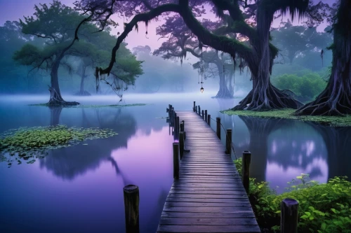 wooden bridge,purple landscape,flooded pathway,beautiful landscape,wooden pier,fairytale forest,nature wallpaper,tranquility,fantasy landscape,landscape background,river landscape,fairy forest,forest lake,swamps,enchanted forest,nature landscape,forest landscape,beautiful lake,landscapes beautiful,nature background,Illustration,Realistic Fantasy,Realistic Fantasy 14