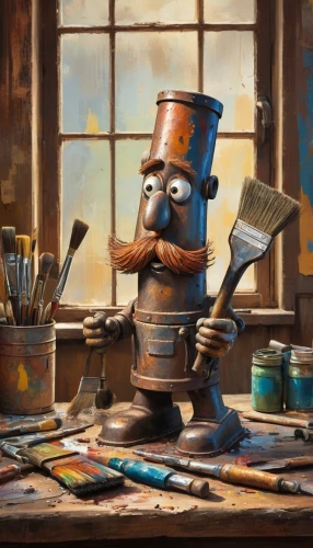 pinocchio,tinsmith,scrap collector,geppetto,painting technique,meticulous painting,artist portrait,craftsman,clockmaker,chef,cooking book cover,watchmaker,the collector,art tools,illustrator,metalsmith,art bard,merchant,scrap dealer,painter,Illustration,Abstract Fantasy,Abstract Fantasy 23
