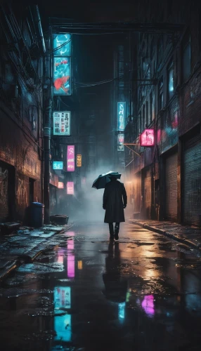 cyberpunk,world digital painting,walking in the rain,bladerunner,alleyway,noir,digital painting,alley,urban,man with umbrella,rainfall,rainy,shanghai,alleyways,mongkok,blue rain,umbrellas,downpour,heavy rain,in the rain,Unique,Design,Knolling