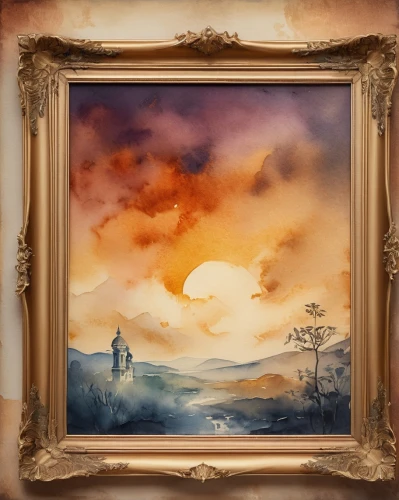 watercolour frame,landscape background,round autumn frame,watercolor frame,cloud shape frame,dusk background,autumn frame,fantasy landscape,church painting,home landscape,autumn landscape,framed paper,small landscape,beautiful frame,evening atmosphere,art nouveau frame,copper frame,decorative frame,desert landscape,wooden frame,Illustration,Paper based,Paper Based 25