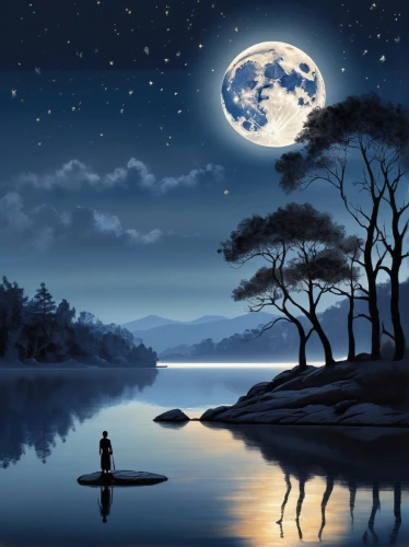 blue moon,moonlit night,moonlight,moonlighted,moonlit,dreamtime,tranquility,moon and star background,dreamscapes,stillness,moonlighters,moonbeams,fantasy picture,moonshadow,moon night,landscape background,the night of kupala,full moon,calmness,dream world,Art,Classical Oil Painting,Classical Oil Painting 02