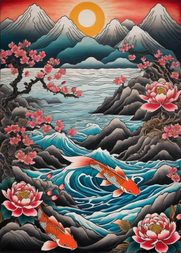 japanese art,japanese waves,koi,koi fish,japanese wave paper,japanese wave,koi pond,japan landscape,oriental painting,kimono fabric,ukiyoe,japanese floral background,sasagawa,japan,yamatai,cool woodblock images,sea landscape,floral japanese,motif,huijin,Photography,Documentary Photography,Documentary Photography 07