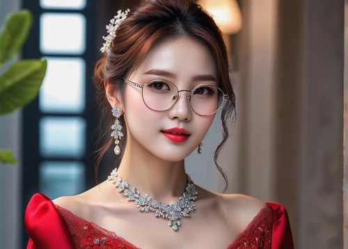 hanbok,wedding glasses,miss vietnam,lotte,with glasses,kimjongilia,princess' earring,silver framed glasses,lace round frames,phuquy,red green glasses,eye glasses,oriental princess,seo,glasses,lady in red,spectacles,elegant,tiara,red gown,Photography,General,Natural