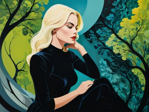 sarah walker,the blonde in the river,blonde woman,girl with tree,oil painting on canvas,magnolia,modern pop art,fashion illustration,oil on canvas,vector illustration,femme fatale,cool pop art,girl-in-pop-art,the enchantress,woman thinking,art painting,painting,fantasy woman,canary,southern magnolia,Illustration,Vector,Vector 09