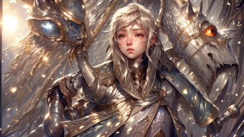 paladin,silver,elven,female warrior,foil,fantasy portrait,summoner,drg,dragon li,lux,gara,armor,ice queen,the snow queen,armour,heroic fantasy,amano,silver rain,fantasy art,bran