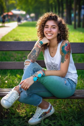 tattoo girl,girl in t-shirt,girl sitting,girl in overalls,portrait background,jeans background,beautiful young woman,portrait photography,girl with speech bubble,beautiful girl with flowers,girl in a long,relaxed young girl,tattoos,a girl's smile,portrait photographers,girl portrait,girl in flowers,pretty young woman,with tattoo,park bench,Art,Artistic Painting,Artistic Painting 29