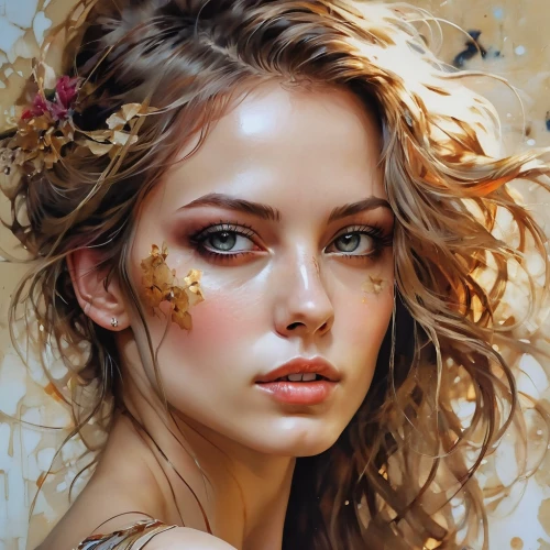 fantasy portrait,golden flowers,gold leaf,mystical portrait of a girl,gold flower,faery,fantasy art,romantic portrait,gold foil art,flower painting,boho art,art painting,gold foil mermaid,girl portrait,oil painting on canvas,oil painting,beautiful girl with flowers,faerie,flower fairy,golden wreath,Photography,General,Realistic