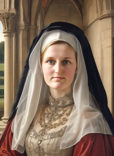 portrait of christi,bouguereau,gothic portrait,nun,girl in a historic way,the magdalene,mona lisa,the mona lisa,the prophet mary,portrait of a girl,mary-bud,saint therese of lisieux,portrait of a woman,girl with a pearl earring,mary 1,aubrietien,madeleine,joan of arc,the nun,tudor,Digital Art,Impressionism