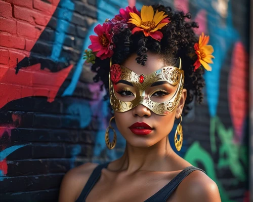 oshun,gold mask,baoshun,masquerade,venetian mask,afrofuturism,masquerading,golden mask,caribana,adorned,gold crown,masqueraders,headpiece,golden wreath,vibrancy,laveau,african american woman,face paint,voodoo woman,gold foil crown,Photography,Artistic Photography,Artistic Photography 08