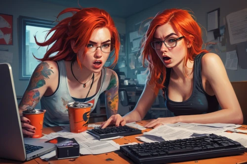 redheads,girl at the computer,two girls,world digital painting,computer addiction,game illustration,massively multiplayer online role-playing game,computer freak,content writers,gamers,girl studying,gaming,women in technology,photoshop manipulation,sci fiction illustration,receptionists,fractal design,computer art,desk top,gamer,Conceptual Art,Fantasy,Fantasy 17