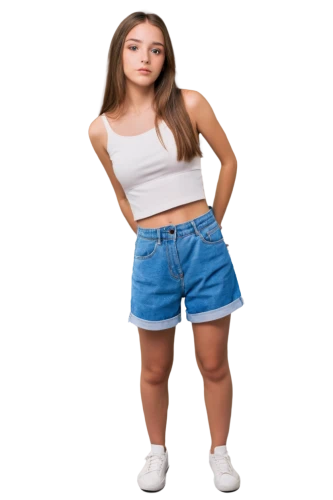 girl in overalls,skort,girl on a white background,women's clothing,bermuda shorts,women clothes,jean shorts,denim skirt,plus-size model,teen,ladies clothes,female model,jeans background,png transparent,3d model,crop top,high waist jeans,gap,transparent background,shorts,Illustration,American Style,American Style 12