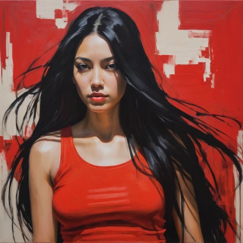 asian woman,oil painting,oil painting on canvas,girl portrait,janome chow,vietnamese woman,han thom,young woman,man in red dress,on a red background,portrait of a girl,art painting,red paint,red wall,woman portrait,girl with cloth,oil on canvas,fineart,selanee henderon,red skin,Conceptual Art,Oil color,Oil Color 02