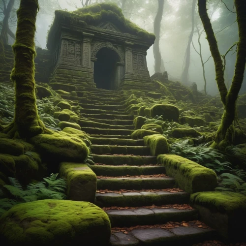 moss landscape,japanese shrine,witch's house,the mystical path,ancient house,ancient ruins,abandoned place,shrines,mausoleum ruins,forest chapel,bomarzo,shrine,ancient city,abandoned places,winding steps,stone pagoda,poseidons temple,hall of the fallen,ancient buildings,sunken church,Art,Classical Oil Painting,Classical Oil Painting 13