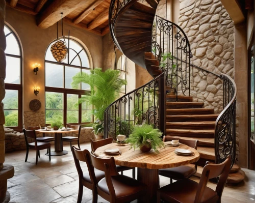 breakfast room,winding staircase,dining room,wooden stair railing,beautiful home,circular staircase,luxury home interior,dining table,wooden beams,dining room table,outside staircase,stone stairs,spiral staircase,kitchen table,wooden stairs,home interior,cochere,balusters,staircase,rustic,Photography,Black and white photography,Black and White Photography 07