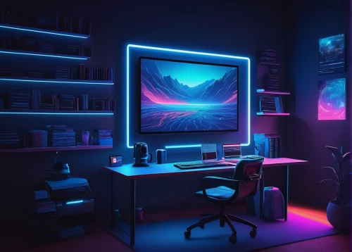 computer room,computer workstation,desk,working space,computer graphic,blur office background,computerized,80's design,study room,3d background,aesthetic,monitor wall,neon,computer art,wavevector,modern office,computable,neon light,computer,cyberscene,Conceptual Art,Fantasy,Fantasy 09