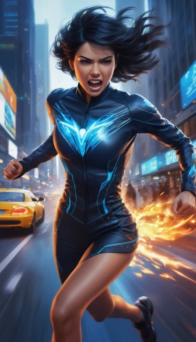 sprint woman,sci fiction illustration,superheroine,femforce,stuntwoman,super heroine,superhero background,superspeed,female runner,speedster,superheroic,wonder woman city,blackfire,bulletgirl,running fast,superwoman,metahuman,hyperspeed,outrunning,super woman,Conceptual Art,Fantasy,Fantasy 04