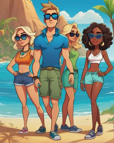 shadman,bahamonde,beach goers,vacationers,island group,baoku,transmarco,windjammers,escapists,ohana,aquanauts,summer background,vallarta,napali,beachgoers,vacansoleil,retro cartoon people,oracabessa,bahama,beach background,Illustration,American Style,American Style 08