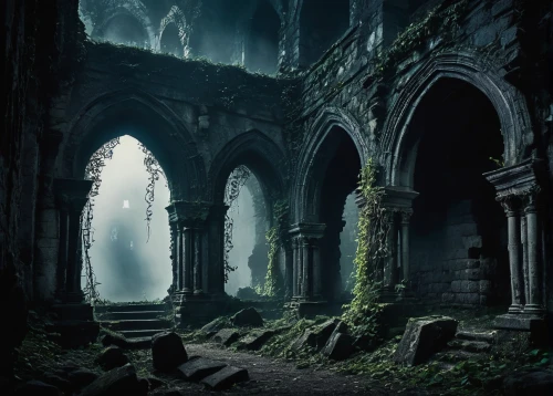 haunted cathedral,ruins,hall of the fallen,abandoned place,abandoned places,ruin,sunken church,lost place,ghost castle,the ruins of the,abandoned,mausoleum ruins,gothic architecture,lostplace,lost places,gothic,sanctuary,dark gothic mood,gothic style,monastery,Illustration,Realistic Fantasy,Realistic Fantasy 46