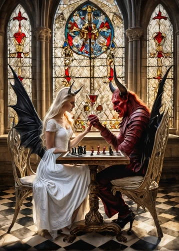 chess game,fantasy picture,play chess,chess player,a fairy tale,fairy tale,angel and devil,playing cards,chess,play cards,chessmaster,the annunciation,tarandus,fairytale characters,courtship,adoration,card table,fantasy art,hildebrandt,card game,Illustration,Paper based,Paper Based 24