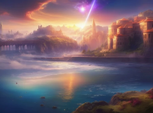 fantasy landscape,alfheim,fantasy picture,neverwinter,fantasy world,ancient city,fantasy city,gondolin,aquarion,atlantica,wonderlands,dreamlands,landscape background,futuristic landscape,fairy tail,trine,3d fantasy,dreamscape,lacus,citadels,Illustration,Realistic Fantasy,Realistic Fantasy 01