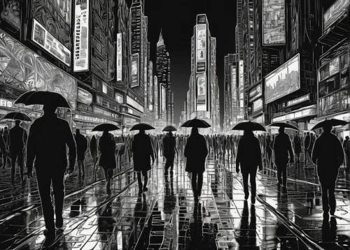 sci fiction illustration,black city,schuiten,schuitema,replicants,gotham,shadowrun,neuromancer,gothams,deodato,darktown,nightstalkers,noir,cityscapes,shadowmen,rainfall,walking in the rain,salarymen,daybreakers,bladerunner,Illustration,Black and White,Black and White 11