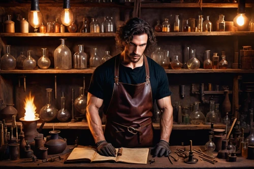 tinsmith,blacksmith,candlemaker,glassblower,alchemist,sagmeister,blacksmiths,cucinotta,chemist,cookery,kerosene,metalsmith,blacksmithing,glassmaker,leonardo devinci,lindemann,apothecary,gaiman,mastercook,laboratorio,Illustration,Retro,Retro 26