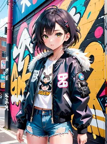 street shot,anime japanese clothing,harajuku,shibuya,akiba,street fashion,graffiti,nico,hiratsuka,akihabara,parka,streetwear,jacket,tenryu,eiaj,graffitti,akira,colorful background,fashionable girl,anri,Anime,Anime,Realistic