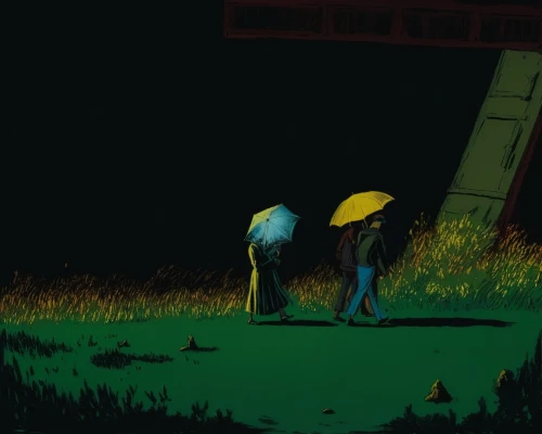 walking in the rain,in the rain,shelter,dark park,night scene,meadowland,umbrellas,rain field,pitfall,yellow grass,puddle,girl walking away,man with umbrella,rainy,in the dark,marshes,rainy day,scarecrows,nightstalkers,lost place,Illustration,American Style,American Style 08