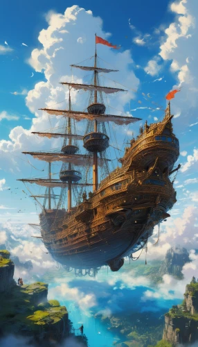 skyship,airship,airships,sea sailing ship,galleon,sailing ship,sail ship,pirate ship,sea fantasy,tallship,air ship,tall ship,sailing ships,caravel,whaleship,merchantman,aeronauts,floating island,three masted sailing ship,voyage,Conceptual Art,Fantasy,Fantasy 09