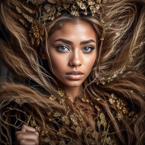 polynesian girl,micronesian,fantasy portrait,golden wreath,mystical portrait of a girl,headdress,mongolian girl,marshallese,gold filigree,indonesian women,balinese,girl in a wreath,headpiece,laurel wreath,golden crown,niobe,polynesian,jingna,enchantress,hispaniolan