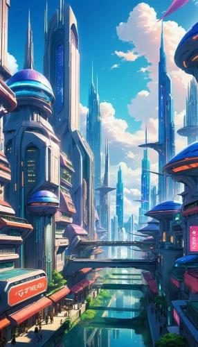 futuristic landscape,fantasy city,futuristic,metropolis,colorful city,futuristic architecture,cityscape,scifi,ancient city,harbour city,sky city,fantasy world,sky space concept,aurora village,skyscraper town,city cities,space port,sci - fi,sci-fi,tokyo city,Illustration,Japanese style,Japanese Style 03