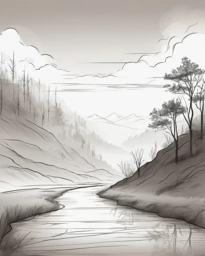 swampy landscape,river landscape,brook landscape,small landscape,foggy landscape,flowing creek,salt meadow landscape,a river,landscape background,high landscape,mountain landscape,riverbank,mountain river,backgrounds,mountainous landscape,landscapes,forest landscape,arid landscape,landscape,an island far away landscape,Illustration,Black and White,Black and White 04