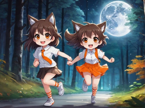 two running dogs,two wolves,forest walk,hideyori,maekawa,chestnut forest,wolves,cerberus,autumn walk,tanuki,werewolves,happy children playing in the forest,wolf couple,tsunoda,forest background,mios,mikan,in the forest,hand in hand,yulan,Illustration,Japanese style,Japanese Style 04