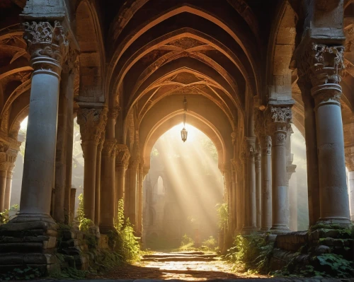 the pillar of light,light rays,cloistered,monastic,god rays,monastery,archways,theed,the mystical path,beam of light,cloister,sanctuary,monasteries,cathedrals,rivendell,hall of the fallen,cloisters,sanctum,sun rays,sunrays,Illustration,Paper based,Paper Based 12
