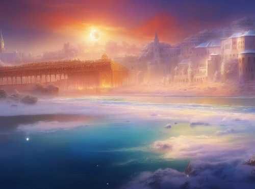 fantasy landscape,icewind,dreamfall,ancient city,neverwinter,fantasy picture,futuristic landscape,gondolin,coldharbour,ice landscape,fantasy city,sundering,alfheim,winter landscape,ice planet,trine,winter background,wonderlands,dreamlands,mists over prismatic,Illustration,Realistic Fantasy,Realistic Fantasy 01