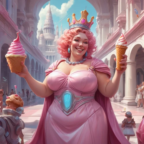 woman with ice-cream,pink ice cream,queen of hearts,ice cream cone,lorelai,rafaela,tiana,maeve,a princess,aglycone,principessa,prinses,princess sofia,cenerentola,malene,ice cream parlor,princessa,prinzessin,queenie,strawberry ice cream,Conceptual Art,Fantasy,Fantasy 01