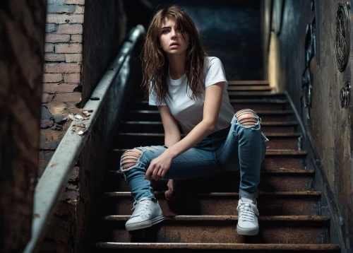 girl on the stairs,backstairs,girl in t-shirt,stairwell,photo session in torn clothes,daveigh,stoop,female model,stairs,stair,jeans background,girl sitting,stairway,girl in a long,alleys,depressed woman,louvrier,brick wall background,young woman,alleyways,Conceptual Art,Sci-Fi,Sci-Fi 09