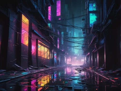 alleyway,cyberpunk,alley,neon arrows,colorful city,cityscape,cyberscene,synth,cybercity,vapor,urban,ultraviolet,cyberia,rainfall,sidestreet,atmospheres,alleyways,rift,synthetic,rainy,Conceptual Art,Daily,Daily 13