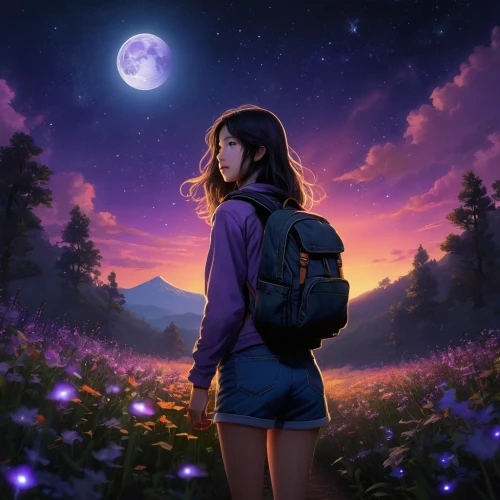 la violetta,dusk background,violet,purple landscape,purple moon,purple wallpaper,world digital painting,kaori,akane,beautiful wallpaper,night scene,moonlit night,ichiko,monogatari,digital painting,violetta,moon and star background,kumiko,digital illustration,night sky,Illustration,Japanese style,Japanese Style 05