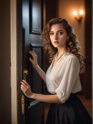 in the door,vintage woman,open door,steel door,romantic look,door,romantic portrait,girl in the kitchen,clue and white,portrait photography,door lock,elegant,wooden door,armoire,door key,home door,the door,retro woman,girl in a historic way,young woman,Conceptual Art,Oil color,Oil Color 17