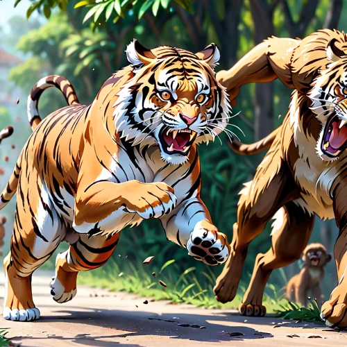 tigers,wild animals crossing,big cats,roaring,animals hunting,chestnut tiger,wild animals,animal sports,lionesses,tigerle,animal kingdom,predation,asian tiger,wildlife,animalia,male lions,to roar,exotic animals,roar,two lion,Anime,Anime,General