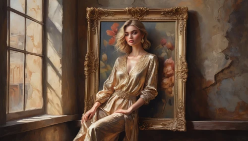 girl in cloth,girl in a long dress,romantic portrait,girl in a long,golden frame,digital painting,world digital painting,fantasy portrait,donsky,the mirror,mystical portrait of a girl,photo painting,holding a frame,girl with cloth,portrait background,artistic portrait,heatherley,portrait of a girl,artist portrait,oil painting,Photography,Fashion Photography,Fashion Photography 01