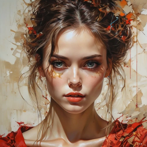 mystical portrait of a girl,portrait of a girl,red petals,fantasy portrait,art painting,girl portrait,oil painting on canvas,girl in flowers,girl in a wreath,romantic portrait,oil painting,red paint,flower girl,flower painting,fantasy art,falling flowers,oil paint,gold leaf,fallen petals,young woman,Photography,General,Realistic