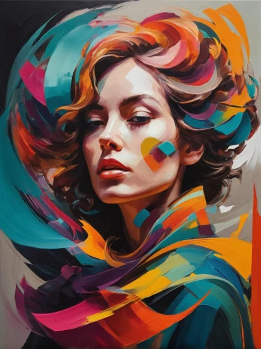 oil painting on canvas,art painting,colorful spiral,italian painter,meticulous painting,intense colours,painting technique,psychedelic art,thick paint strokes,colorful background,artist color,mystical portrait of a girl,paint strokes,woman thinking,woman face,girl in cloth,boho art,graffiti art,abstract painting,young woman,Art,Classical Oil Painting,Classical Oil Painting 10