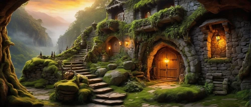 rivendell,fantasy landscape,fantasy picture,fairy village,cartoon video game background,ithilien,the mystical path,the threshold of the house,doorways,heaven gate,fairy door,nargothrond,stone stairway,dungeon,3d fantasy,alfheim,passageway,elfland,fantasy art,gondolin,Illustration,Paper based,Paper Based 08