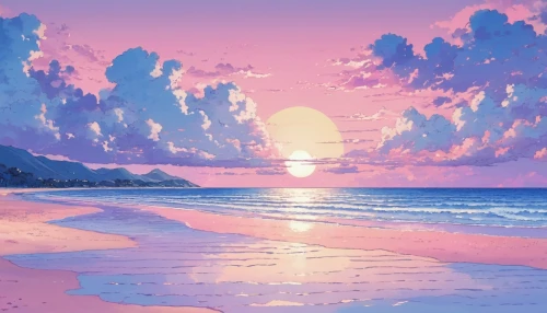 dream beach,pink beach,beach landscape,beach scenery,beautiful beach,beautiful beaches,pink dawn,sunrise beach,sunset beach,purple landscape,sea landscape,lover's beach,landscape background,ocean paradise,tropical sea,paradise beach,coast sunset,ocean background,mountain beach,ocean,Illustration,Japanese style,Japanese Style 04