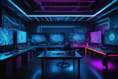 computer room,sci fi surgery room,computer workstation,the server room,working space,ufo interior,fractal design,laboratory,black light,research station,uv,neon ghosts,game room,3d background,computer desk,study room,computer art,work space,creative office,aqua studio,Illustration,Realistic Fantasy,Realistic Fantasy 34